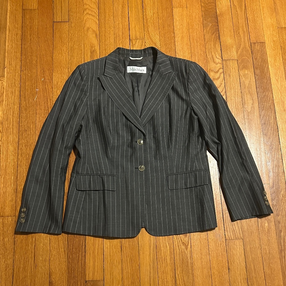 MaxMara Gray & White Pinstripe Blazer Wool Silk Blend Women’s 14 Made in Italy